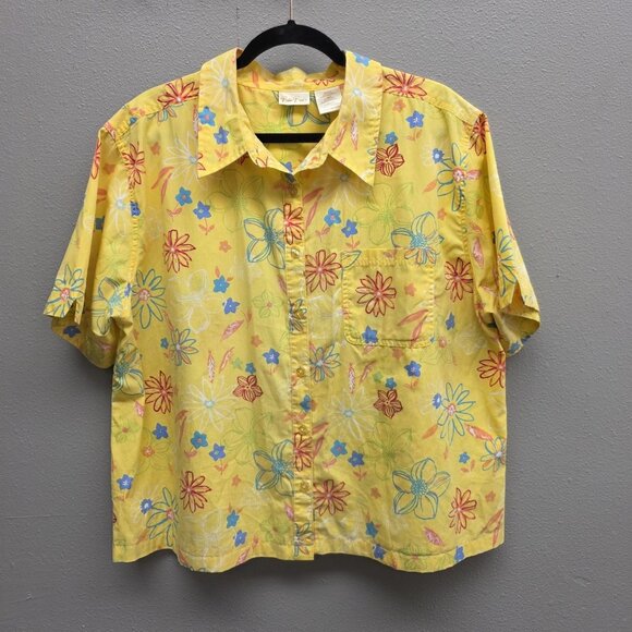 Debbie Brooks Shirt Womens 18W 20W Yellow Floral Button Up Short Sleeve Summer - Picture 1 of 10